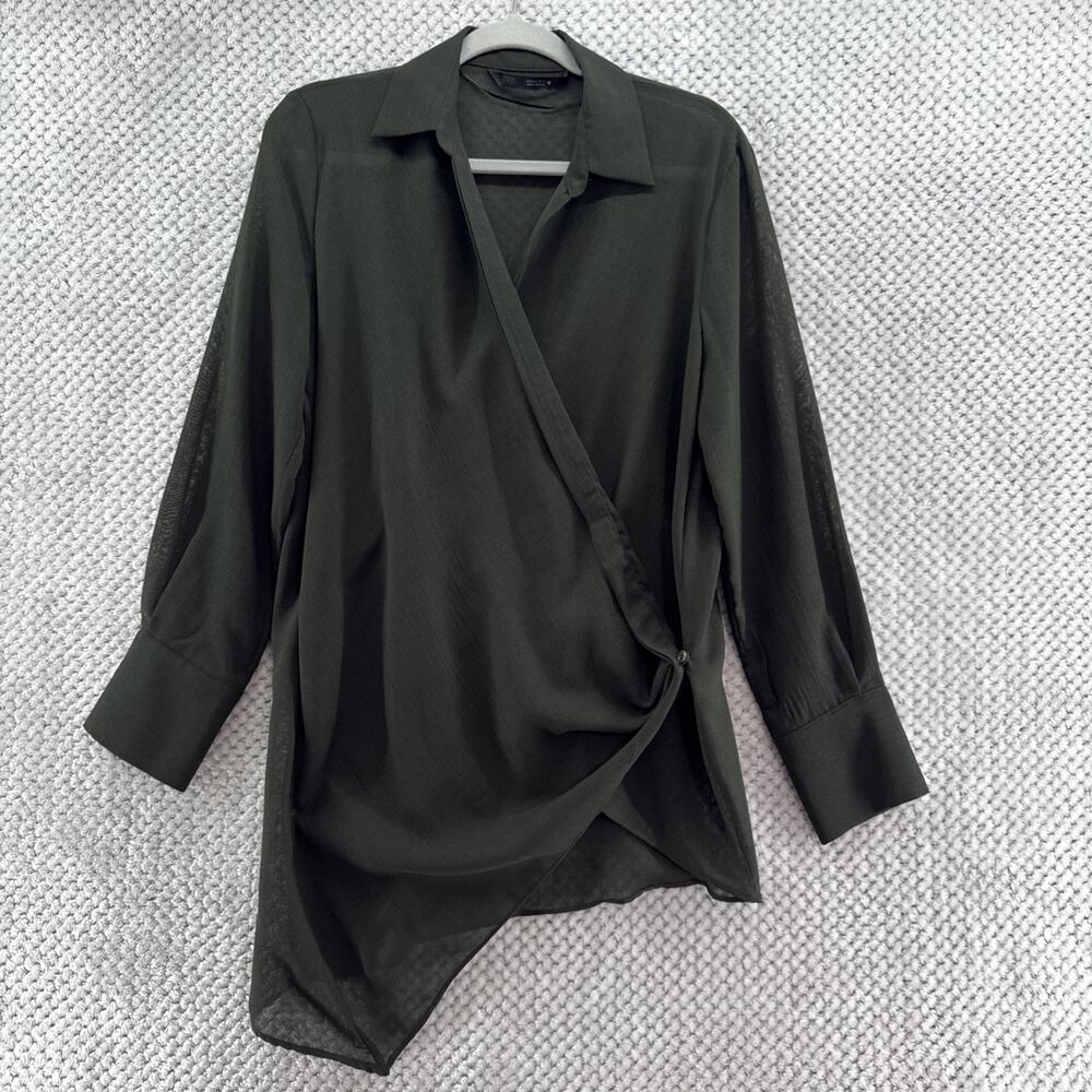 Zara Wrap Top Womens S Green Wool Blend Sheer Long Sleeve Collared Asymmetrical